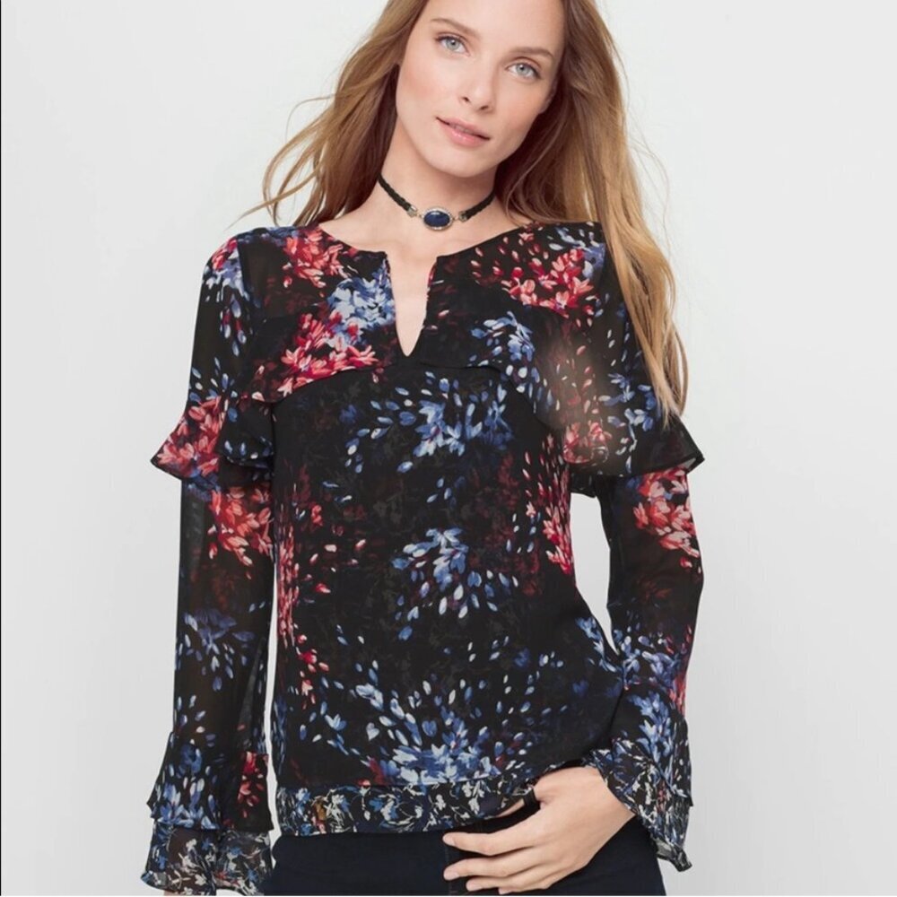 White House Black Market Black Floral Layered Ruffled Flouncy Blouse, SIze 2